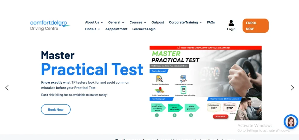 ComfortDelGro Driving Centre website banner promoting practical test preparation and theory modules for driving students in Singapore.