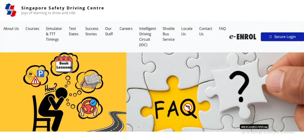 Singapore Safety Driving Centre website homepage navigation and FAQ banner for driving students.