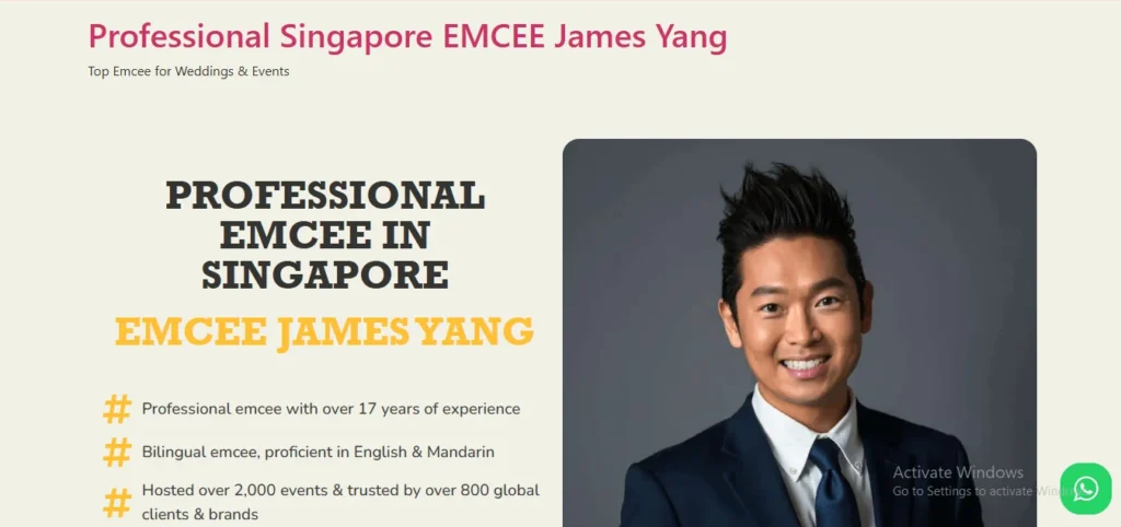 Website banner for James Yang, a professional wedding and event emcee in Singapore, featuring his headshot in a suit next to text highlighting his 17 years of experience and bilingual proficiency.