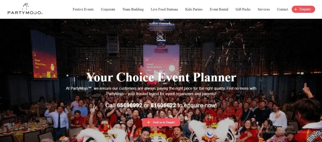 Website homepage banner for PartyMojo featuring a large, energetic crowd of people posing and celebrating at an annual dinner event. The foreground shows traditional Chinese lion dance costumes, and the background features a large event hall with high ceilings. Overlaid text reads, "Your Choice Event Planner," alongside contact phone numbers.