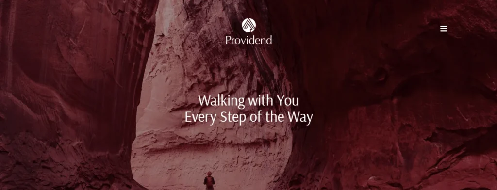Providend Singapore financial advisory website homepage banner featuring their brand logo and the tagline "Walking with You Every Step of the Way" over a dramatic red canyon rock formation backdrop.