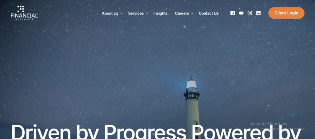 Financial Alliance Singapore homepage banner featuring their corporate logo and main navigation menu overlaid on a background of a glowing lighthouse under a starry night sky.