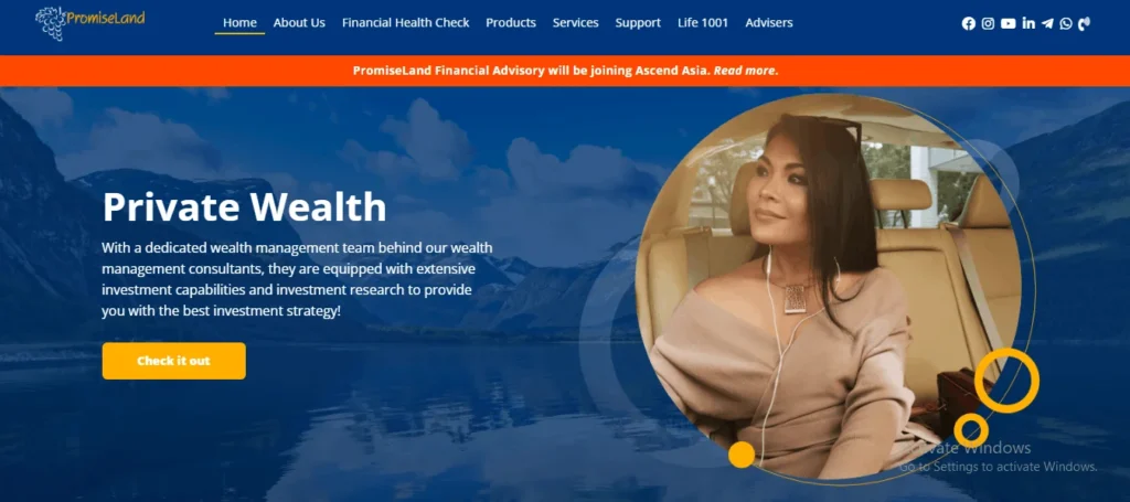PromiseLand Financial Advisory Singapore website homepage banner featuring the "Private Wealth" management section, a blue lake and mountain background, and an orange notification bar at the top announcing their transition to Ascend Asia.
