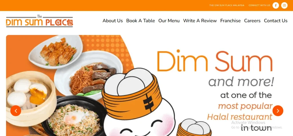 A website homepage screenshot for The Dim Sum Place, featuring a large banner with a cartoon dumpling character alongside photos of fried wontons, noodles, fried rice, and custard buns. Bold text reads "Dim Sum and more! at one of the most popular Halal restaurant in town." The top navigation menu includes links for "About Us," "Book A Table," "Our Menu," and "Franchise," with the brand logo prominently displayed on the upper left.