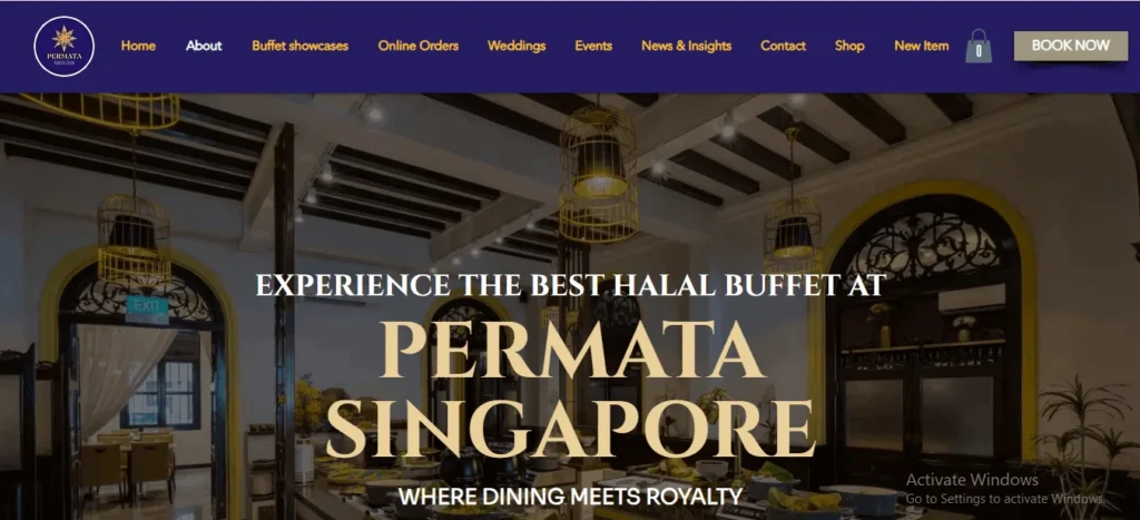 A website homepage screenshot for Permata Singapore, featuring a background image of a grand restaurant interior with high ceilings, arched yellow doorways, and decorative hanging cage lanterns. Large gold and white text overlay reads "EXPERIENCE THE BEST HALAL BUFFET AT PERMATA SINGAPORE - WHERE DINING MEETS ROYALTY." The top navigation bar is dark purple with yellow links including "Home," "About," "Buffet showcases," and a prominent "BOOK NOW" button.