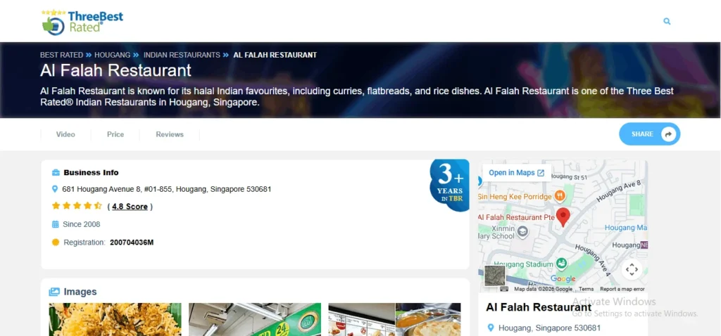Three Best Rated listing for Al Falah Restaurant, featured as one of the best halal Indian restaurants in Hougang, Singapore. The page displays business information, a 4.8-star review rating, and a Google Maps location snippet.