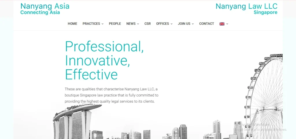 Screenshot of the website homepage for "Nanyang Law LLC Singapore" (Nanyang Asia). The header displays the firm's branding alongside navigation links such as "HOME", "PRACTICES", "PEOPLE", "NEWS", "CSR", "OFFICES", "JOIN US", and "CONTACT". Below the menu, large turquoise text reads "Professional, Innovative, Effective", followed by a brief intro paragraph describing the firm as a boutique Singapore law practice committed to quality legal services. The background features a black-and-white architectural illustration of the Singapore skyline, including Marina Bay Sands and the Singapore Flyer observation wheel.