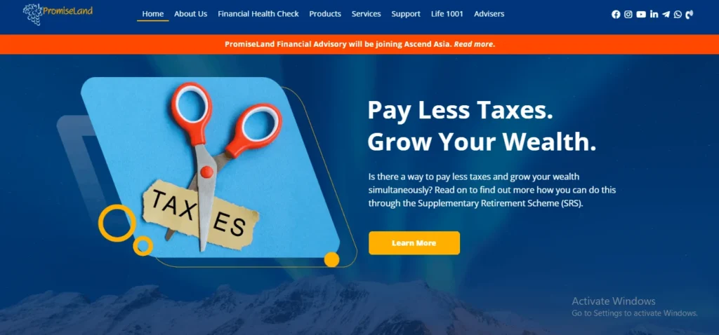 Website hero banner for PromiseLand Financial Advisory in Singapore, featuring a graphic of scissors cutting a "Taxes" slip alongside the headline "Pay Less Taxes. Grow Your Wealth." and information on the Supplementary Retirement Scheme (SRS).
