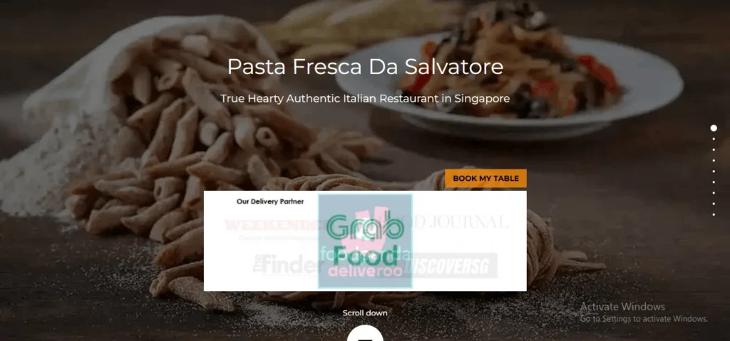 Website homepage of Pasta Fresca Da Salvatore, an authentic Italian restaurant in Singapore, showing a rustic background of raw pasta, a cooked dish, and food delivery partner logos.