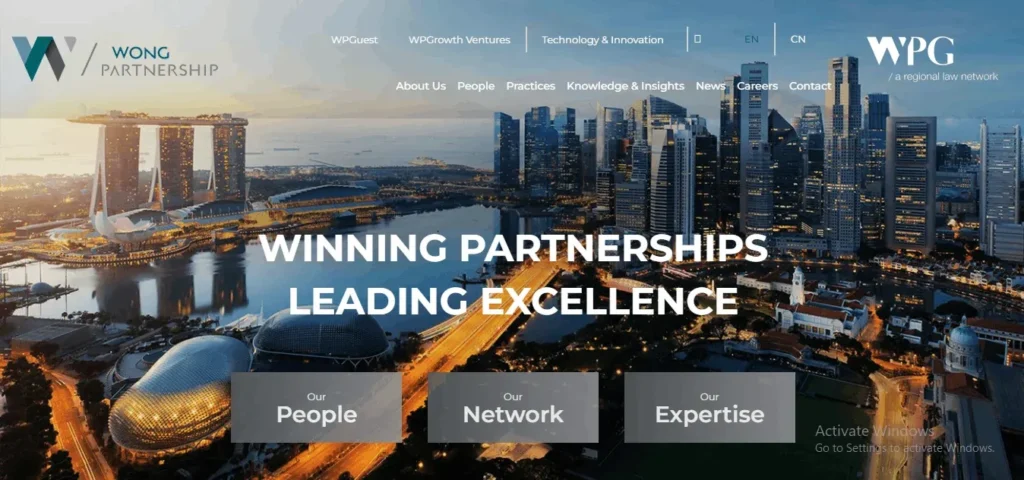 A screenshot of the WongPartnership law firm website homepage shows a background of the Singapore skyline. Top logos say, "W Wong Partnership" and "WPG a regional law network," alongside navigation links. The center text states, "WINNING PARTNERSHIPS LEADING EXCELLENCE." Bottom-screen boxes feature "Our People," "Our Network," and "Our Expertise." A light overlay and watermark state, "Activate Windows Go to Settings to activate Windows."