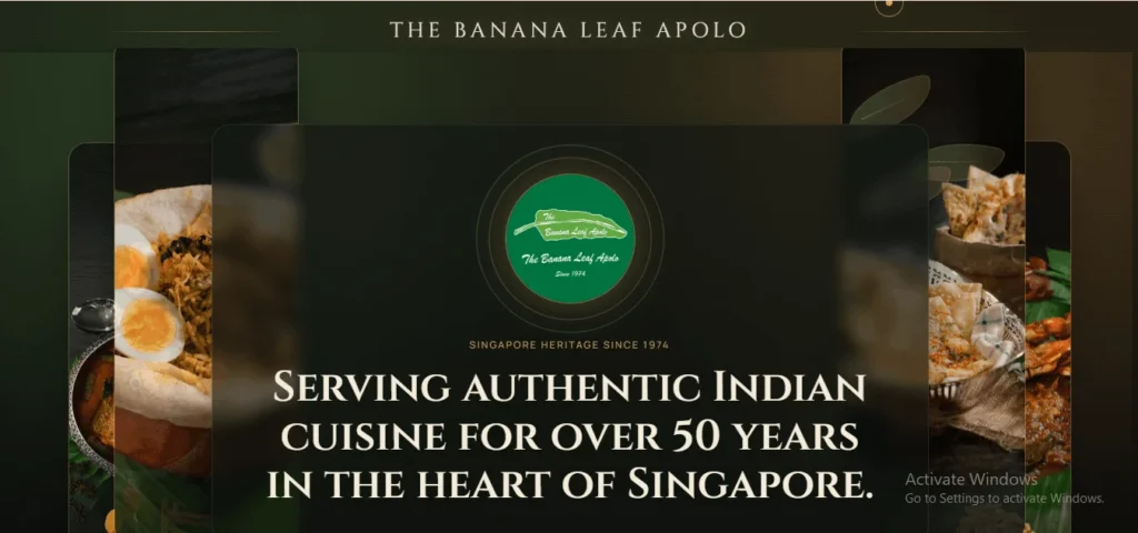 Website banner for The Banana Leaf Apolo restaurant, featuring its logo and the text, "Serving authentic Indian cuisine for over 50 years in the heart of Singapore. Singapore Heritage Since 1974."