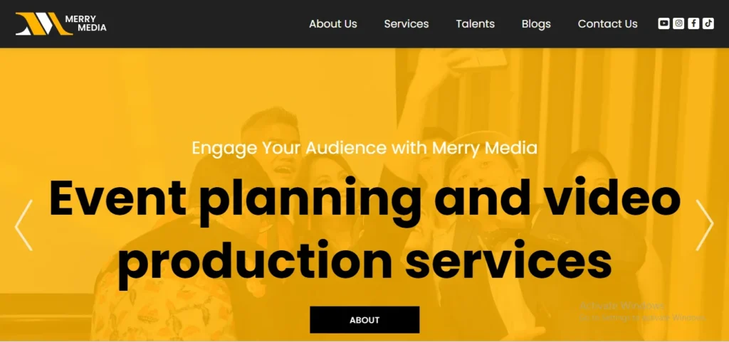 A website homepage banner for "Merry Media" featuring a bright yellow color overlay. The text "Engage Your Audience with Merry Media: Event planning and video production services" is prominently displayed over a faint background image of a group of people taking a selfie together.
