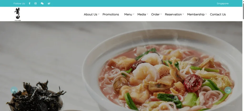 A screenshot of the Putien restaurant website homepage, featuring a large banner image of a steaming bowl of seafood Lor Mee noodles alongside the restaurant's navigation menu.