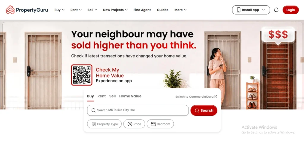 PropertyGuru Singapore homepage banner featuring the headline "Your neighbour may have sold higher than you think" promoting their home valuation tool next to a main property search bar widget.
