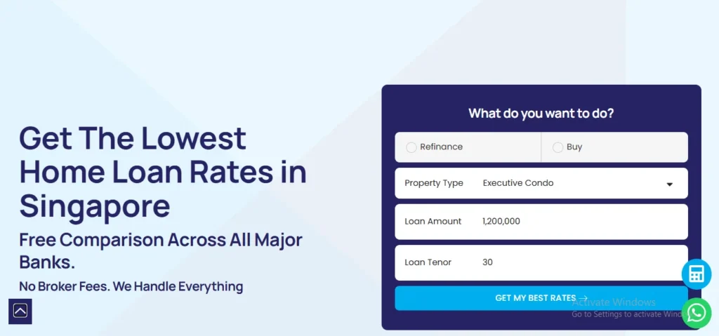 Online mortgage comparison calculator tool in Singapore featuring the headline "Get The Lowest Home Loan Rates in Singapore" with user inputs showing a $1.2 million loan amount for an Executive Condo.