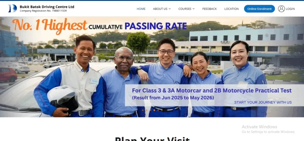 Bukit Batok Driving Centre website banner showing five smiling instructors in blue uniforms with text stating "No. 1 Highest Cumulative Passing Rate for Class 3 & 3A Motorcar and 2B Motorcycle Practical Test."