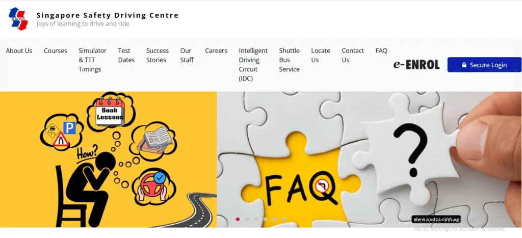 Singapore Safety Driving Centre homepage banner featuring a graphic of a driver planning lessons alongside a jigsaw puzzle piece with a question mark revealing the word "FAQ."