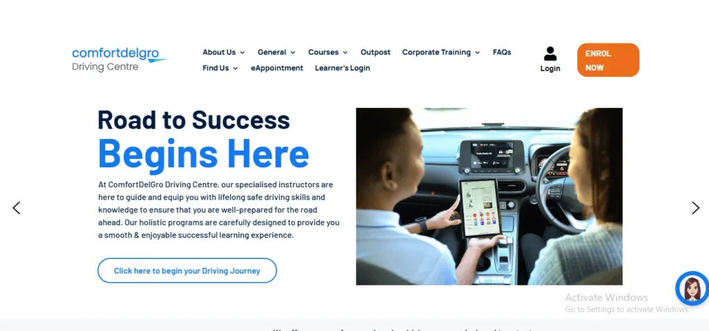 ComfortDelGro Driving Centre homepage showing navigation menu, "Enrol Now" button, and a hero banner reading "Road to Success Begins Here" alongside a driving instructor reviewing road safety signs on a tablet with a student driver.