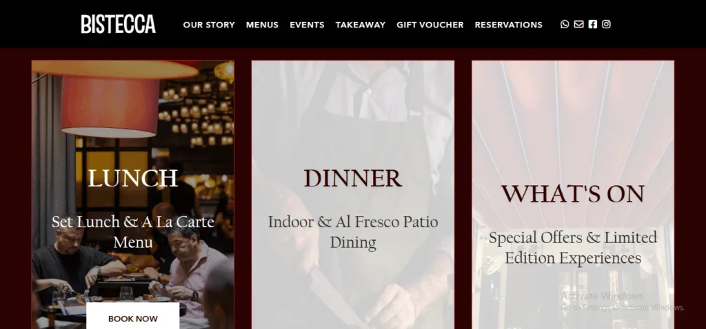 Bistecca steakhouse website menu options for indoor and al fresco patio dining.