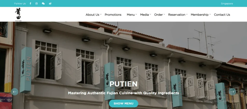 Putien Singapore restaurant website homepage banner featuring a shophouse storefront, main navigation menu, and tagline for authentic Fujian cuisine with a teal Show Menu button.