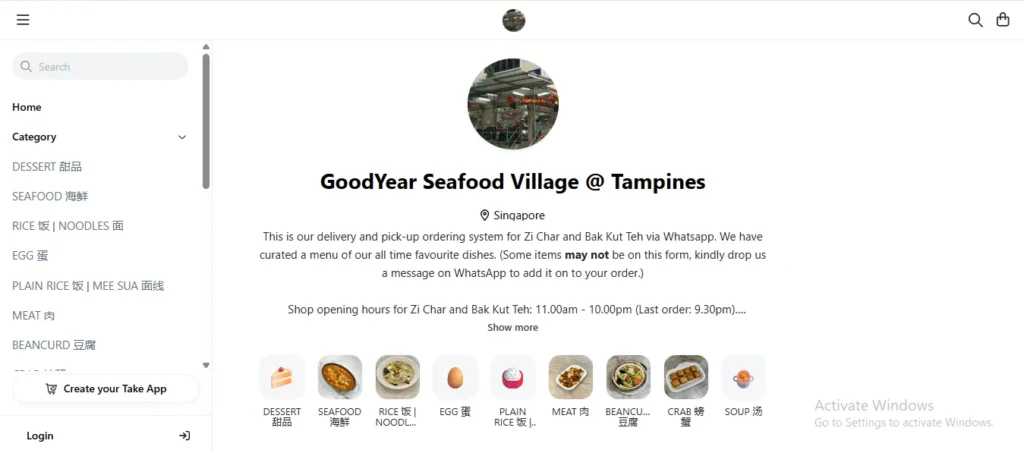 "Online ordering interface for GoodYear Seafood Village @ Tampines in Singapore, detailing delivery and pick-up options for Zi Char and Bak Kut Teh. A left sidebar displays menu categories like Dessert, Seafood, and Meat, corresponding to a horizontal row of circular food icons at the bottom."