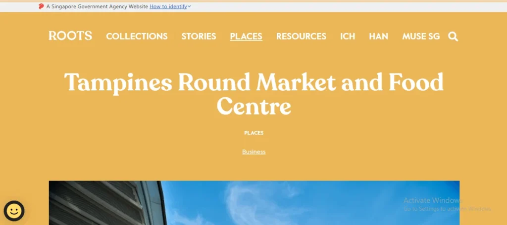Screenshot of the Roots SG website page for Tampines Round Market and Food Centre against a yellow background.