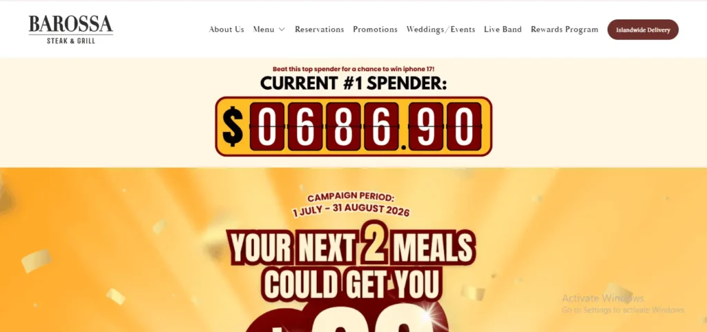 Website banner for Barossa Steak & Grill promoting a spending contest. The top navigation bar includes options like About Us, Menu, and a button for Islandwide Delivery. Below the menu, text reads "Beat this top spender for a chance to win iphone 17! CURRENT #1 SPENDER:" next to a digital tracker displaying "$0686.90". The lower portion features a bright yellow background stating "CAMPAIGN PERIOD: 1 JULY – 31 AUGUST 2026. YOUR NEXT 2 MEALS COULD GET YOU".
