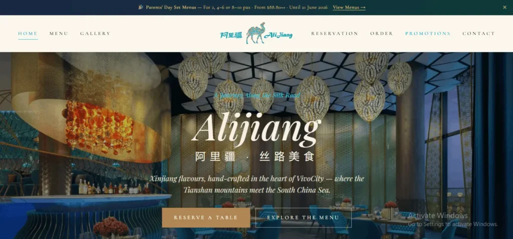 Website homepage screenshot for Alijiang restaurant at VivoCity, showcasing its elegant interior with ornate hanging light fixtures and dining tables.