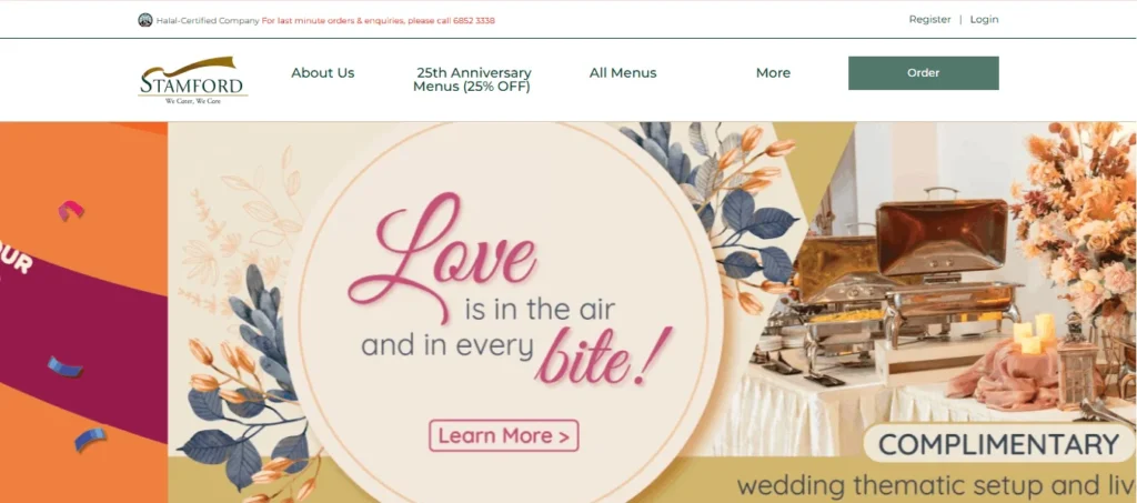 Stamford Catering website banner showcasing wedding catering services in Singapore with polished silver chafing dishes, autumn-themed floral arrangements, and text reading "Love is in the air and in every bite!".