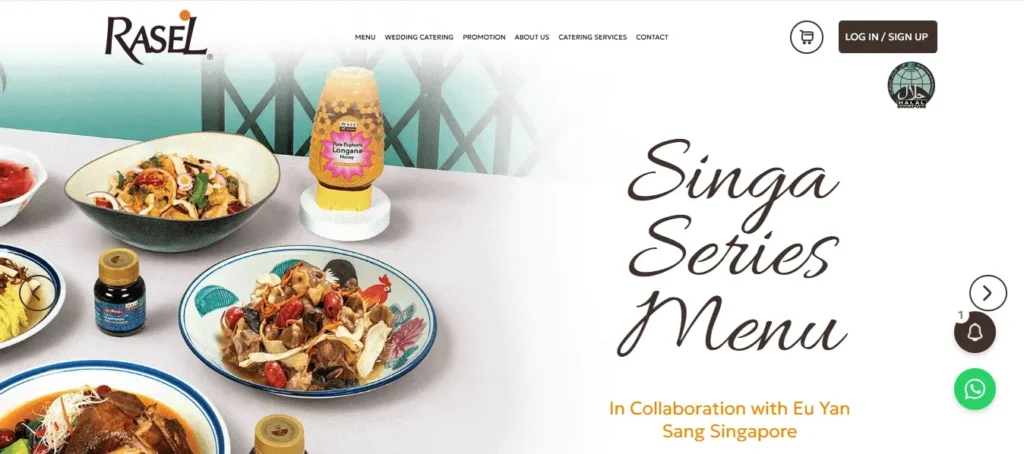 Website banner for Rasel Catering featuring the "Singa Series Menu" in collaboration with Eu Yan Sang Singapore, displaying various gourmet Asian dishes, a bottle of Longana Honey, and a Halal Singapore logo.