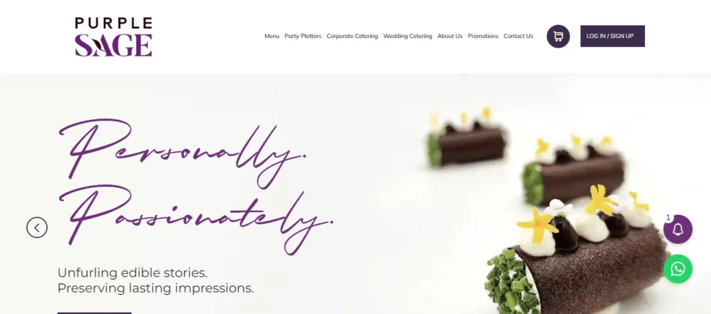 Website banner for Purple Sage wedding and corporate catering in Singapore, featuring gourmet appetizers with microgreens and edible flowers, alongside the tagline "Personally. Passionately."