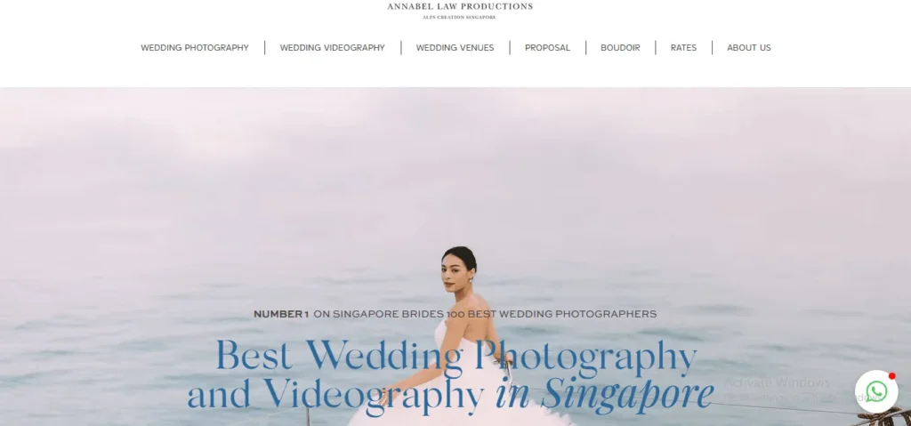 Screenshot of Annabel Law Productions website banner featuring a bride on a yacht in the ocean with the text 'Best Wedding Photography and Videography in Singapore.