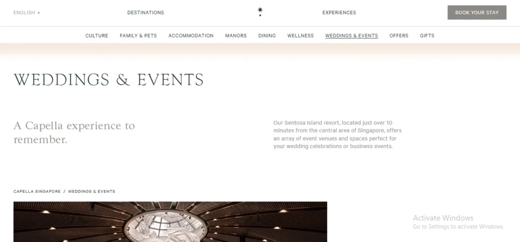 Website screenshot of the "Weddings & Events" page for Capella Singapore, a luxury resort on Sentosa Island.