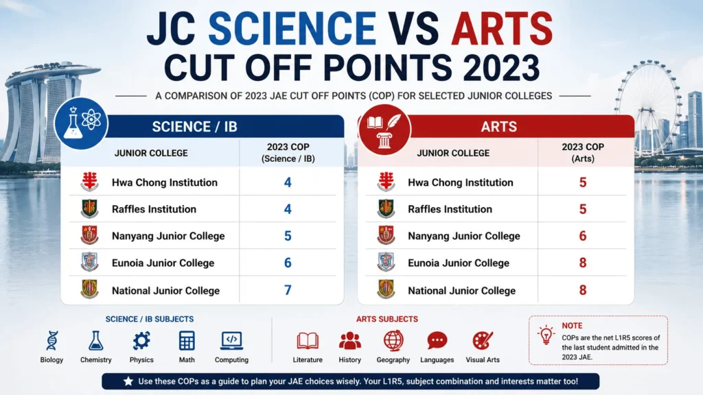 JC Science vs Arts Cut Off Points 2023 infographic comparing Singapore Junior Colleges, including Hwa Chong Institution, Raffles Institution, Nanyang JC, Eunoia JC, and National JC, with their Science/IB and Arts COP scores.